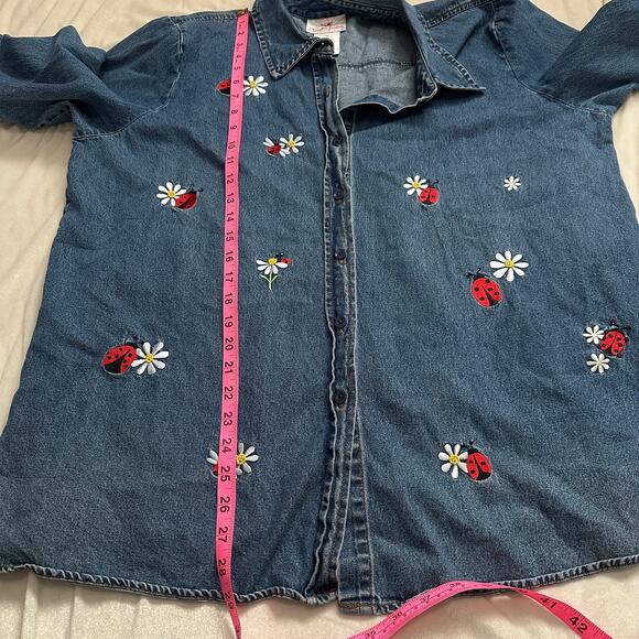 Rare Quacker Factory women's 1x denim button-up shirt embroidered ladybugs - Picture 4 of 12
